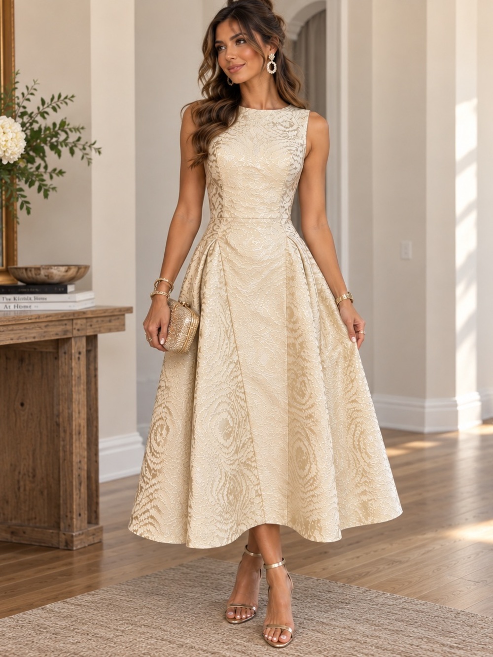 CACHÉ Metallic Ivory Brocade, Jacquard Style Formal Gown, Small